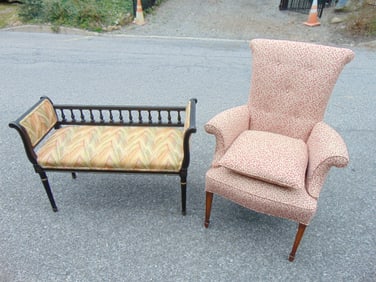 Wing chair & settee in black paint 41" wide 16" deep 27 1/2" tall, wing chair 43" tall 30" wide & 28