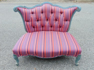 Striped mid-century settee/loveseat, carved wood blue painted frame, striped upholstery