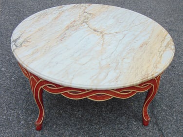 Round marble top coffee table, decorative painted carved wood base in pink & yellow, white marble to