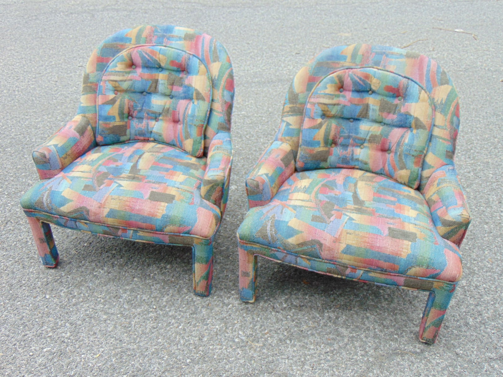 Pair of small upholstered 1980's arm chairs, multi color upholstery, 27" wide 29" deep 29" tall (1 of 4)