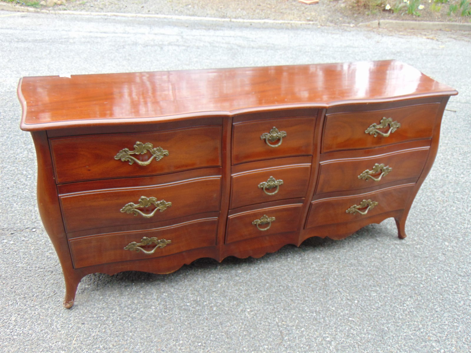 Mahogany John Widdicomb serpentine front low chest, 9 drawers, 74 3/4" long 20" deep & 34 1/2" tall (1 of 5)
