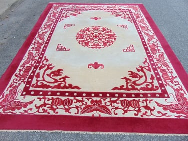 Carpet, Chinese style wool rug made in India, red & cream color, needs to be cleaned, 105" x 12 feet