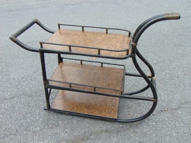 Three tier mid-century bamboo bar cart with burl wood shelves, 47" long 16" wide 41" tall