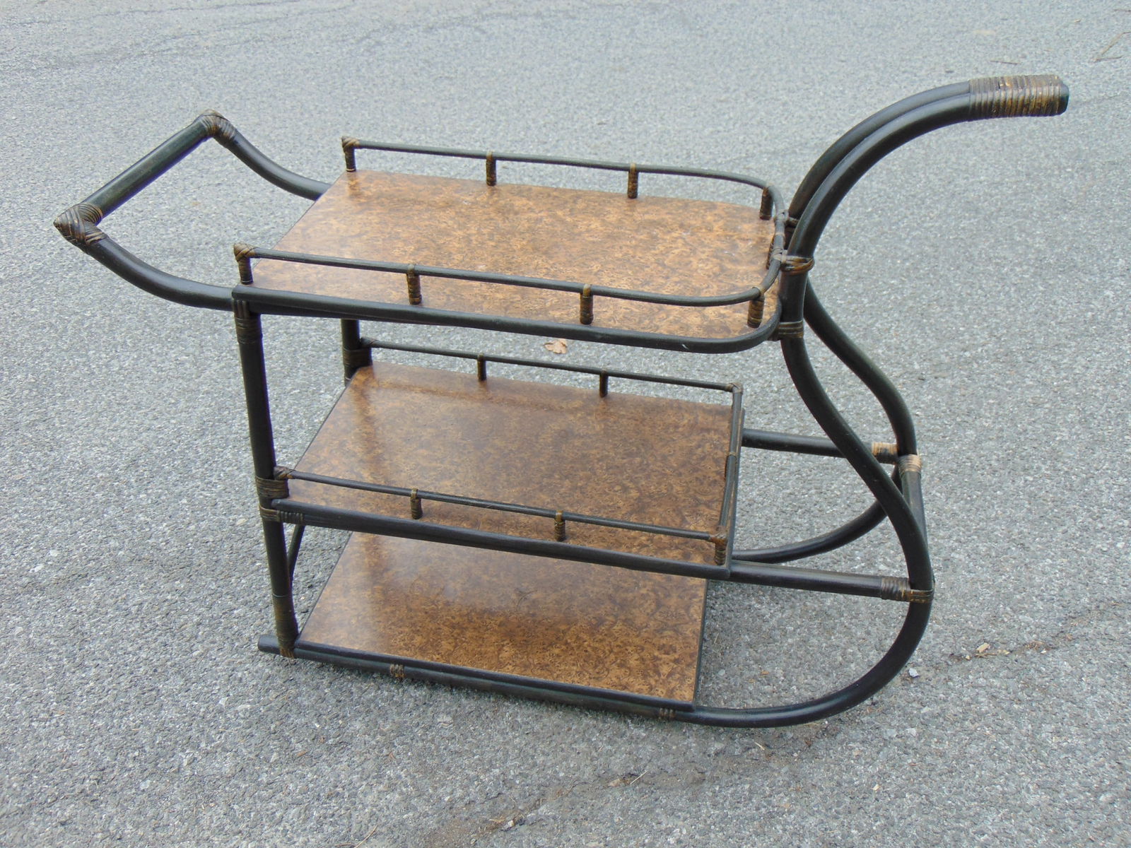 Three tier mid-century bamboo bar cart with burl wood shelves, 47" long 16" wide 41" tall (1 of 3)