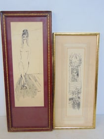 2 drawings, drawing of a girl, signed Peggy Fine & "Lord Keep my Memory Green", after Dickens, drawi