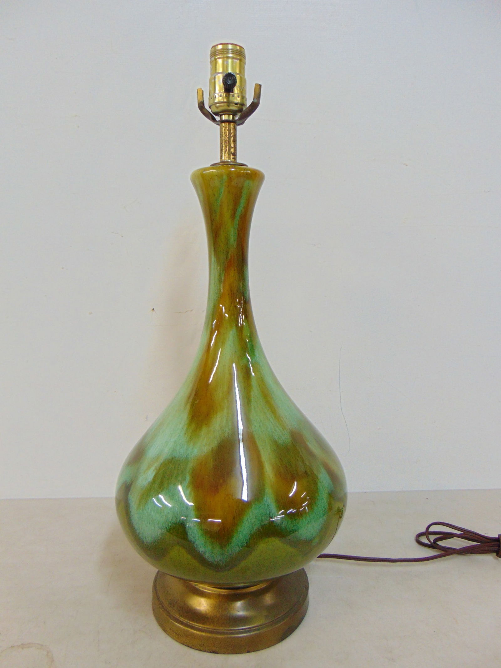 Ceramic Mid Century lamp base, green glaze with brown highlights, height is 21.25", diameter is 9" (1 of 3)
