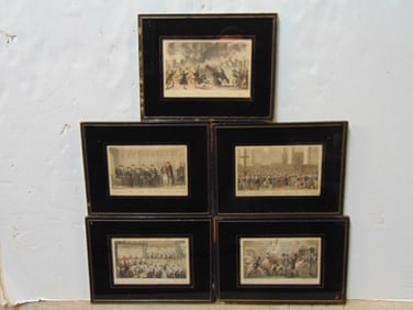5 English engravings, 1824, by Robert Cruikshank, scenes including "Flooring of Mercury or Burning t