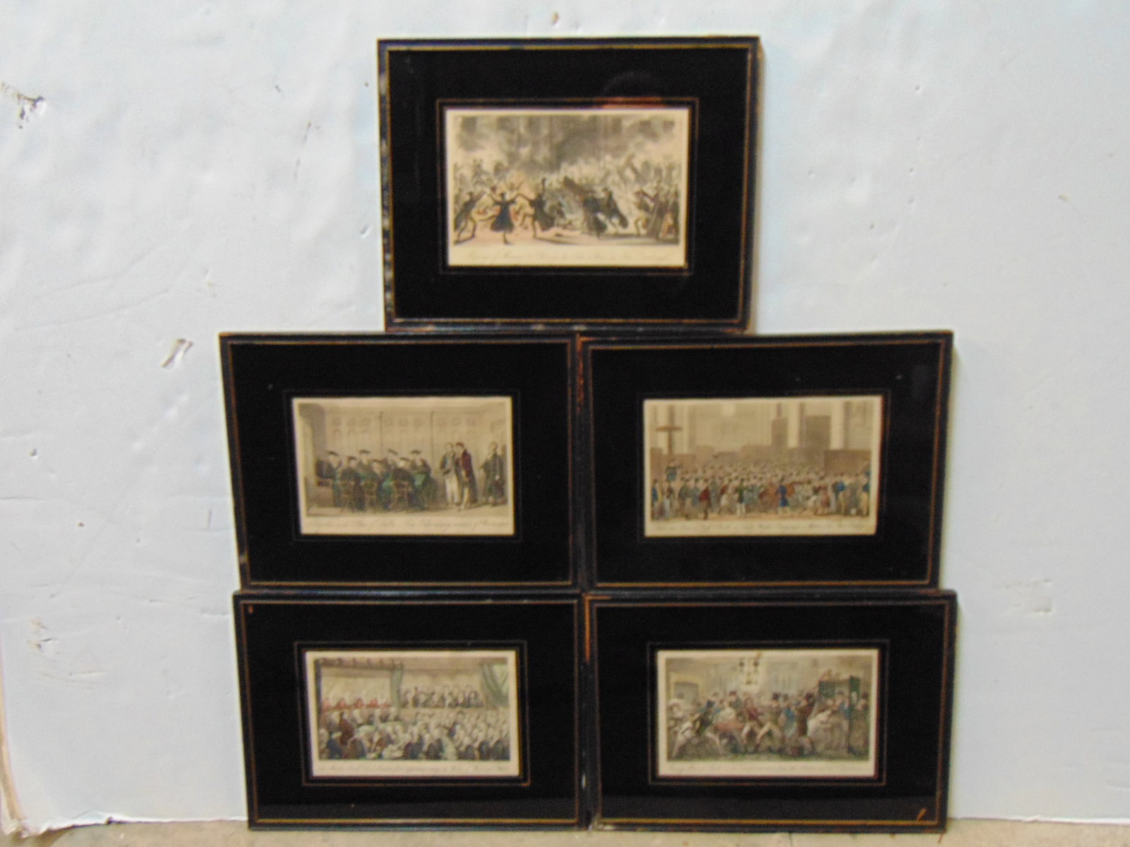5 English engravings, 1824, by Robert Cruikshank, scenes including "Flooring of Mercury or Burning t: 5 English engravings, 1824, by Robert Cruikshank, scenes including "Flooring of Mercury or Burning the Oaks, a scene in Tom Quadrangle", "Bulls and Bears in high Bustle", more, nicely framed, 9.5" by 