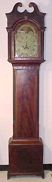 Federal tall case clock, signed Wilson: Found in the attic of the Brinckerhoff estate, a mahogany inlaid tall case clock from the federal period, case has repairs & is in as is condition, works also need work, we did find the pendulum, the 