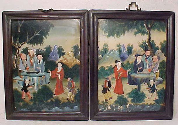 Pair Chinese eglomise paintings: Pair Chinese eglomise paintings, 15.5" by 11.5". A pair of mirrored, close to identical scenes, three bearded men around a table playing a board game, with a woman gesturing to small figures, original