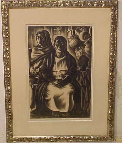 Etching, Women in pueblo, Howard Norton Cook, Mexico: Etching, Women in pueblo, signed Howard Norton Cook, Mexico 1933, 16.5" by 11", etching in good condition etching in the original frame , old label on back, "Grippi" custom picture framing.