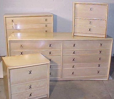 Paul Frankl for Johnson Brothers bedroom set: 5 piece bedroom set, double dresser, 7 drawer tall chest and two night stands by Paul Frankl for Johnson Brothers. In a blond finish, finish is distressed in several places and needs to be refinished,