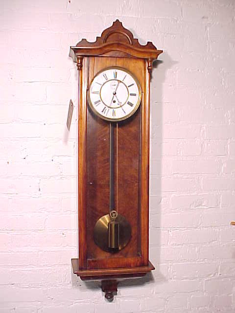 Gustav Becker single weight Vienna regulator: Vienna regulator by Gustav Becker, door frame has cracks in bottom & top, porcelain dial has crack as well, in working condition, from the second floor landing of the Brinckerhoff estate.
