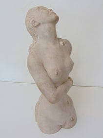 Stone carving, nude with hand behind back, by Mark Morrison, carved in light pink stone, height is