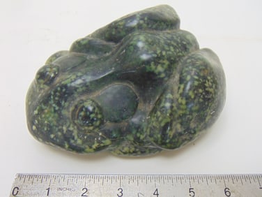 Stone carving, frog, by Mark Morrison, carved in green stone, polished, 6.5" wide, 5" deep, height