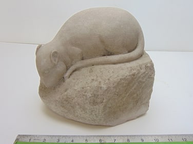 Stone carving, Mouse, by Mark Morrison, in grey stone, polished mouse on rough cut base, one piece,