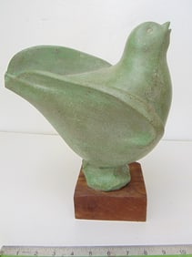 Stone carving, Bird, dove, by Mark Morrison, in green polished stone, wood base, 10" wide, 6.25"
