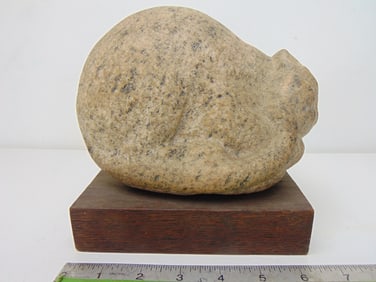 Stone carving, Sleeping cat, by Mark Morrison, carve granite, on wood base, 7.5" wide, 5" deep,