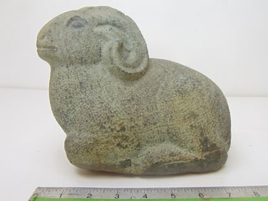 Stone carving, Bighorn Sheep, by Mark Morrison, in grey / green stone, 9" long, 6" wide, height is