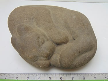 Stone carving, Sleeping Puma, Cat, by Mark Morrison, in grey stone, 9.5" by 8", height is 4.25"