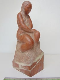 Stone carving, Female figure with scarf, by Mark Morrison, in red veined marble, 4.75" wide, 6 3/8"