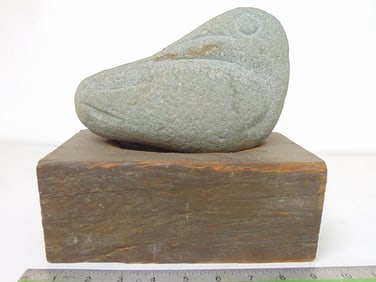 Stone carving, Sleeping Pelican, by Mark Morrison, grey stone, sits loose on wood base, 9 3/8" wide,