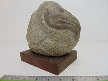 Stone carving, Pelican, by Mark Morrison, on wood base, carved grey stone, granite, 7.75" wide, 5"