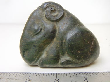 Stone carving, small ram, by Mark Morrison, in grey stone with green tint, 3 7/8" wide, 2.5" deep,