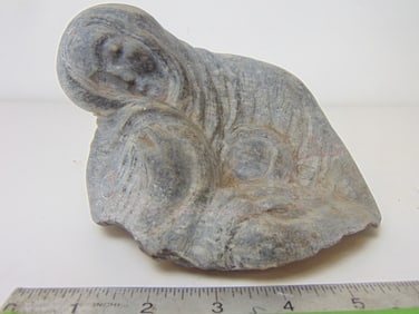 Stone carving, veiled female figure, by Mark Morrison, in grey stone, 7" wide, 5" deep, height is