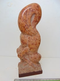Stone carving, red Cockerel, by Mark Morrison, in red Verona marble, on wood base, 4.25" wide, 8"