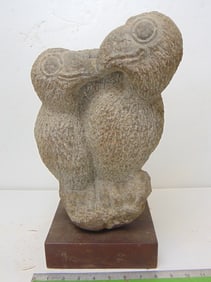 Stone carving, 3 dodo birds, by Mark Morrison, in grey stone, on wood base, 7 5/8" wide, 9" deep,