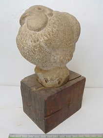 Stone carving, bird or rooster, "Weather Prophet", by Mark Morrison, in grey carved stone on wood