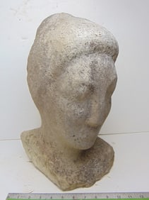 Stone carving, bust of a woman, by Mark Morrison, in grey stone, 7.25" wide, 9" deep, height is