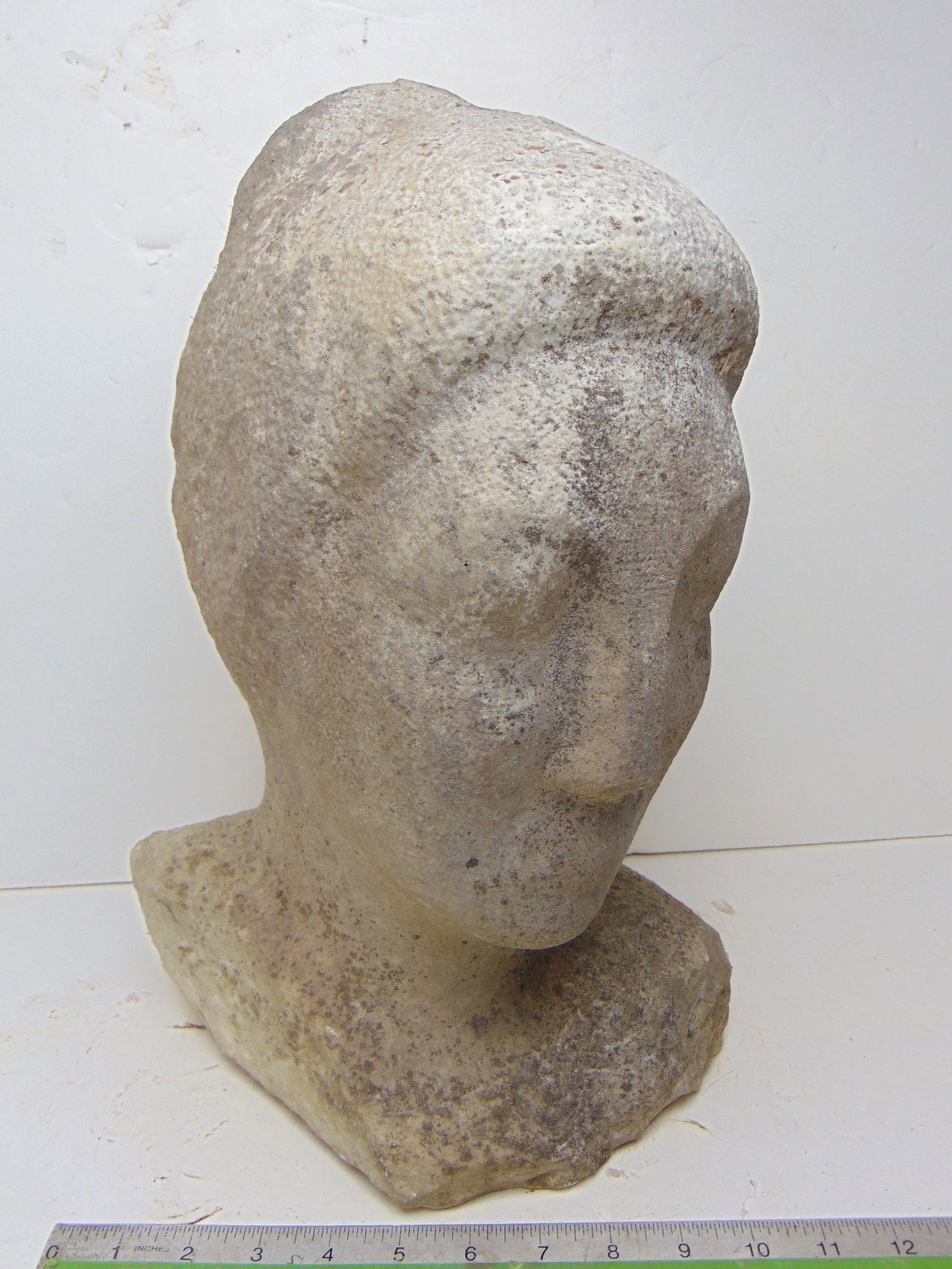 Stone carving, bust of a woman, by Mark Morrison, in grey stone, 7.25" wide, 9" deep, height is: Stone carving, bust of a woman, by Mark Morrison, in grey stone, 7.25" wide, 9" deep, height is 15.5"