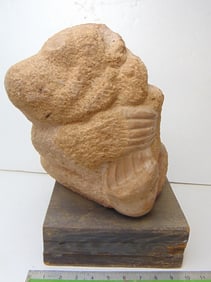 Stone carving, Cinnamon Bear, by Mark Morrison, carved from red stone, 11" wide, 11" deep, height