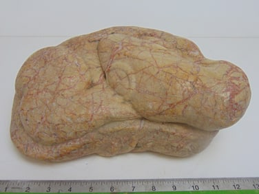 Stone carving, lizard, by Mark Morrison, in reddish brown stone, 12.5" wide, 8.5" deep, height is 5"