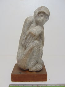 Stone carving, Monkey, by Mark Morrison, light grey stone, granite, on wood base, 8.5" by 5", height