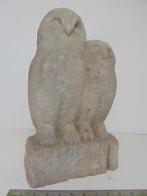 Stone carving, 2 owls, by Mark Morrison, in grey stone, 10" wide, 6" deep, 16.25" tall