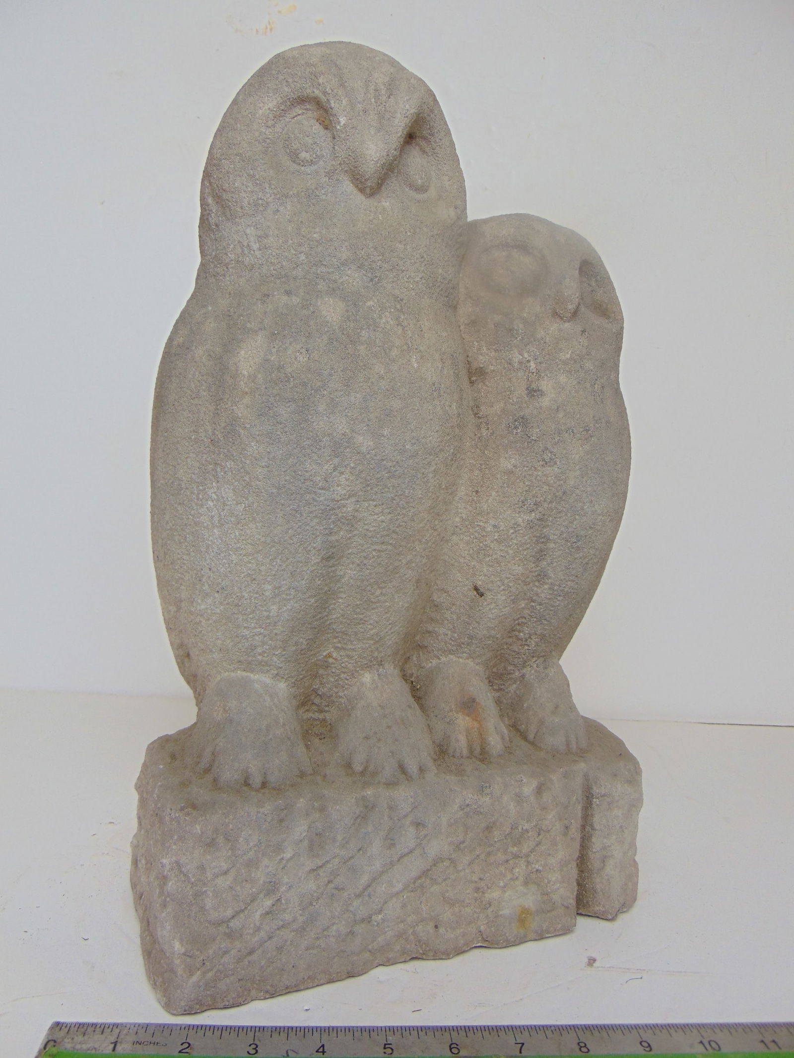 Stone carving, 2 owls, by Mark Morrison, in grey stone, 10" wide, 6" deep, 16.25" tall (1 of 8)