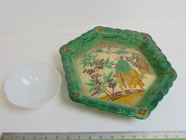 Chinese mud glazed dish & small egg shell bowl, bowl has green rim and is 13.25" by 11.5", bowl is