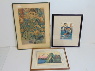 3 Japanese woodblock prints, Geisha by Kuniyoshi (13.5" by 11.25"), "Hakone", by Hiroshige ( 10.75"