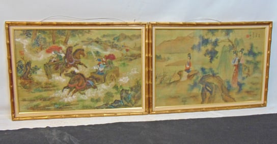 2 large Chinese paintings, watercolors, figures in chariots and ladies in garden, each is 28" by