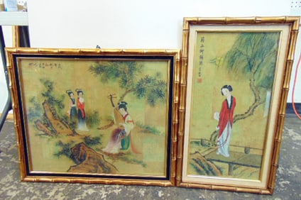 Two Chinese watercolors, portrait lady on small bridge, 28" by 15.75" & 2 ladies listening to lady