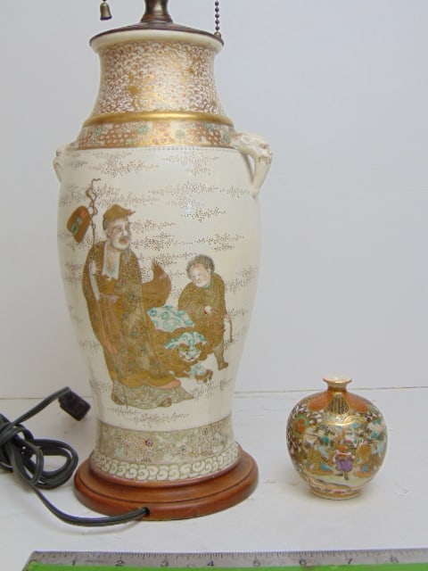 Satsuma cabinet vase & lamped vase, lamp is 21.5" tall (no shade), small vase is 3 1/8" tall (1 of 7)