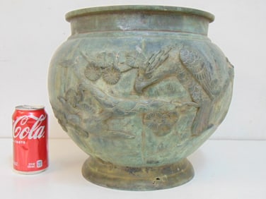 Asian bronze planter with bird decoration, bottom is loose, green patina, planter is 13.75" wide,
