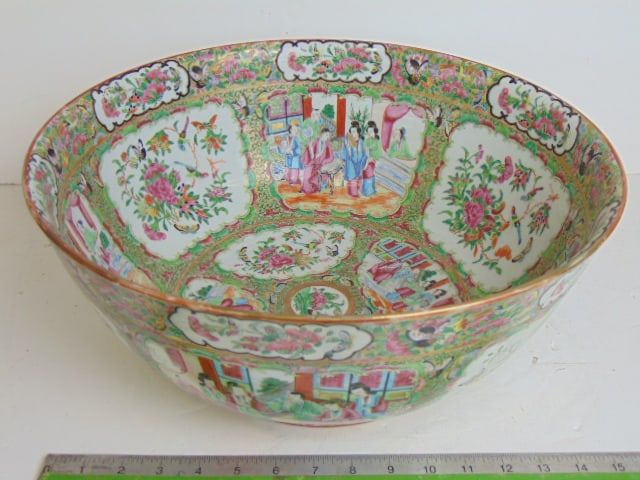 Large Rose Medallion punch bowl, Asian porcelain bowl decorated with figures, flowers and more, (1 of 7)