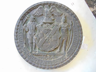 Cast iron road marker, medallion, 1664 Seal of the City of New York, West Side Highway, diameter is