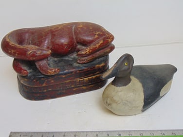 Duck decoy & wood box with horse (?) carved lid, , both are 12.5" long