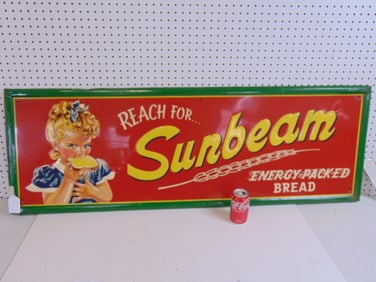 Lithographed pressed tin advertising sign, "Reach for Sunbeam, Energy Packed Bread, 54.75" wide, 18