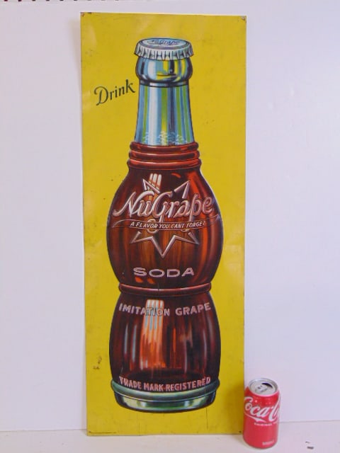Vintage tin advertising sign, "Drink NuGrape soda", sign by Robertson Dualife-Springfield, Ohio, 31" (1 of 4)